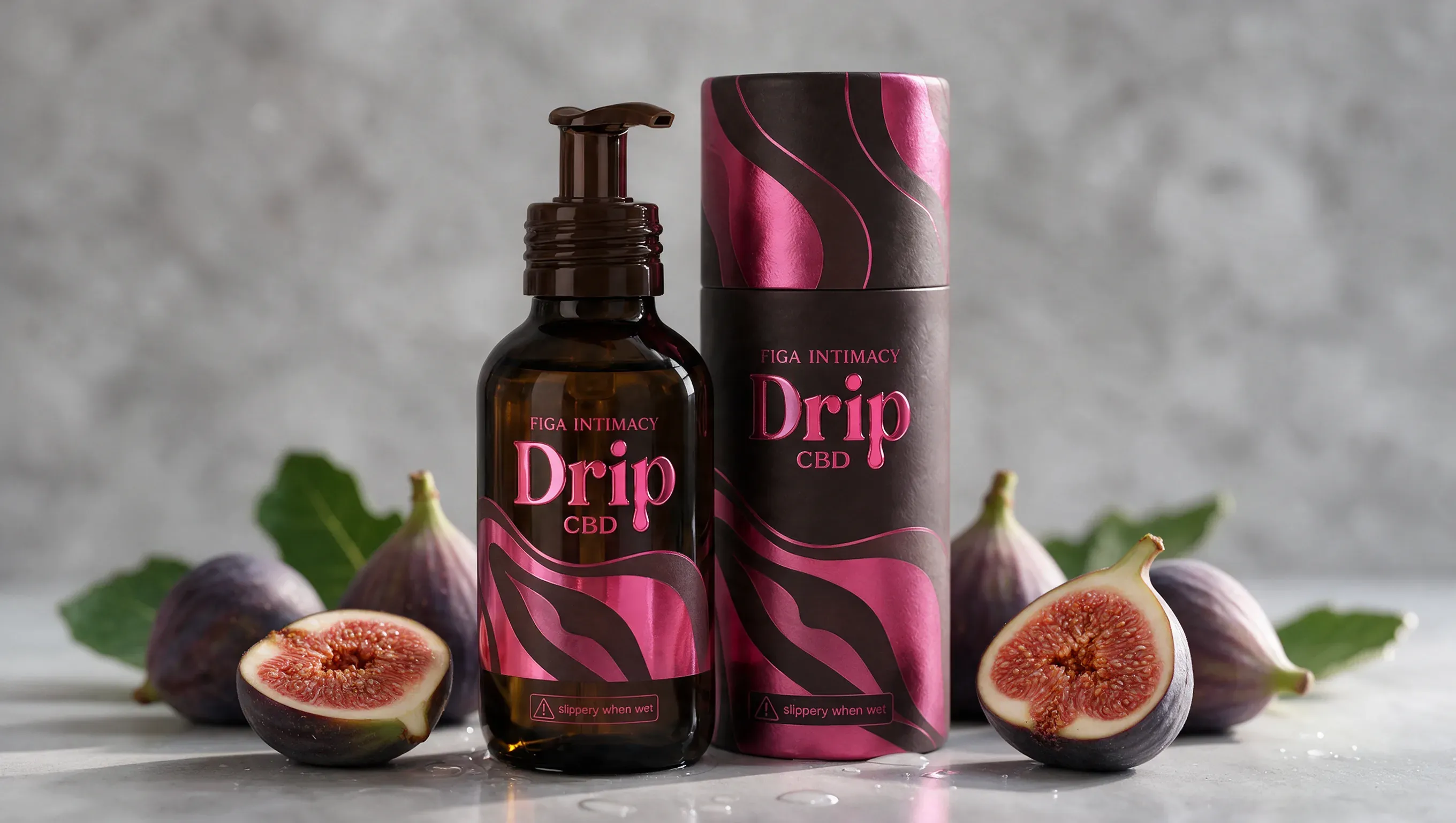 Drip CBD lubricant bottle and gift tube surrounded by fresh figs